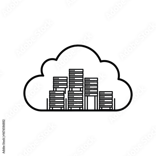 Cloud Server Illustration: A line art depiction of servers housed within a cloud, symbolizing digital storage and data accessibility in a minimalist design.