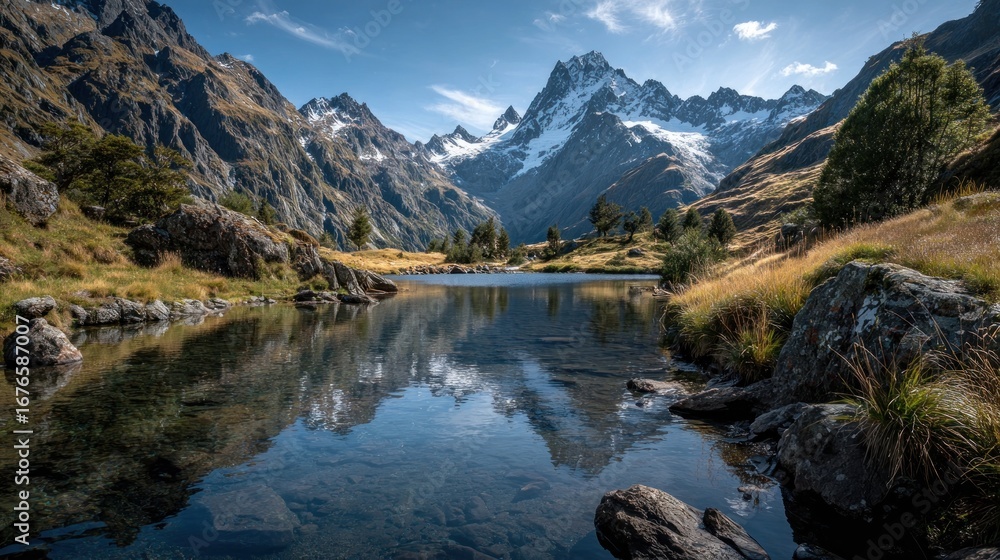 Fototapeta premium Serene mountain lake reflection alpine region nature photography scenic view tranquil environment wilderness concept