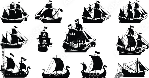 Black Silhouette Pirate Ship Collection, Sailing Vessels, Sea Boat Designs, Pirate Flag, Old Ship, Viking Boat, Nautical Art