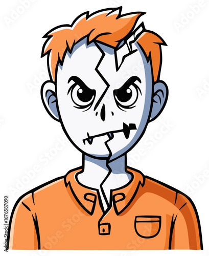 Cartoon character with cracked face revealing a creepy zombie identity