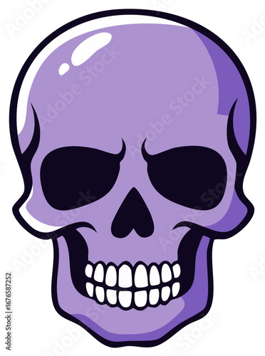 Cartoon illustration of a lavender skull with dark eye sockets and a wide grin.