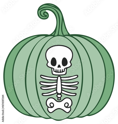 Pastel Green Pumpkin with Skeleton Illustration for Halloween Themed Graphic Design Projects