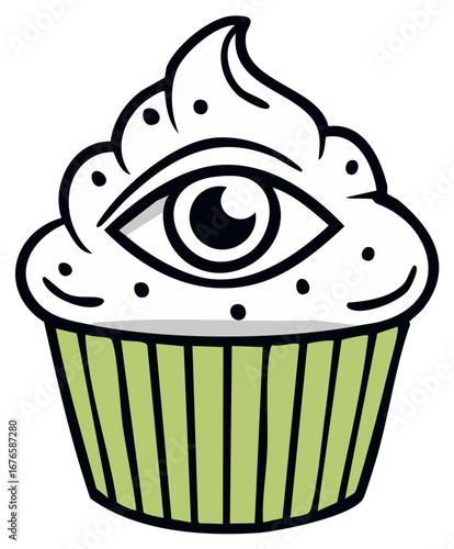 Surreal cartoon cupcake illustration with a mystical all seeing eye symbol on the white frosting