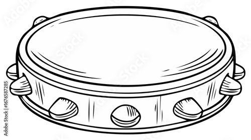 Line art of a tambourine. Vector drawing of music instrument, coloring book page.