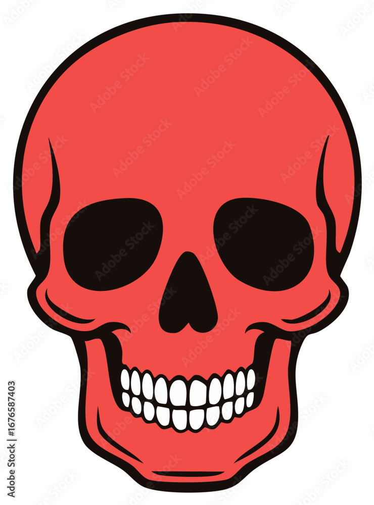 Fototapeta premium Stylized red human skull illustration with black eye sockets and teeth a danger warning symbol