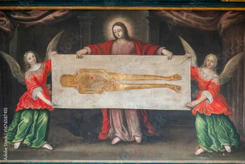 Painting (19th century) of a representation of the Holy Shroud.
