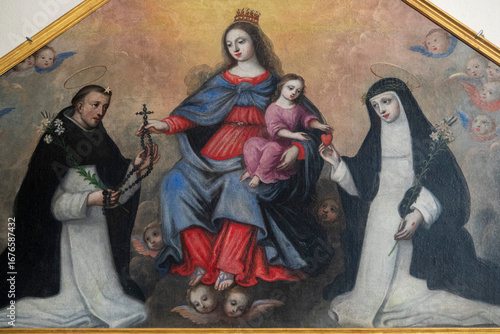 Canvastavla Painting (19th century) of the Virgin Mary and baby Jesus handing the rosary to St