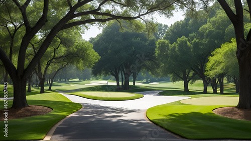 walking down a cart path shaded by surrounded trees on a golf course at a country club