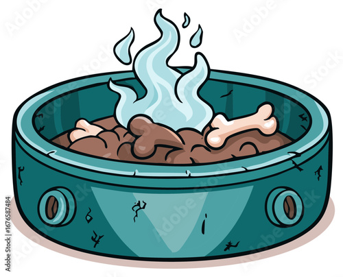 Cartoon Magic Cauldron with Bones and Blue Flames Illustration
