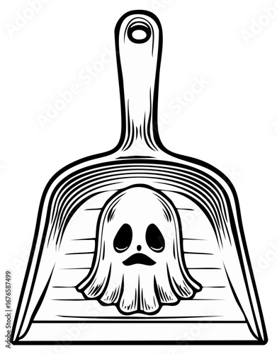 Line art of a dustpan holding a cartoon ghost for Halloween illustration