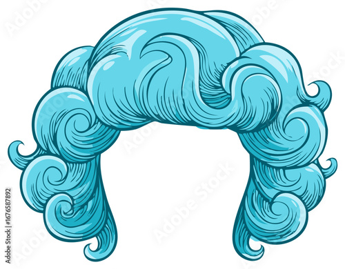 Ornate historical blue wig with elegant swirls and curls vector illustration
