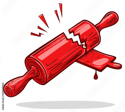 Broken Red Rolling Pin with Dripping Liquid and Shattered Effect