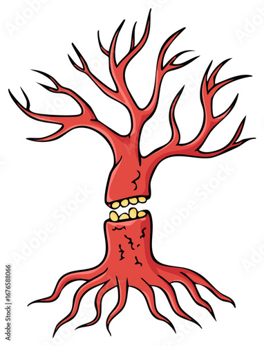 Whimsical Red Tree with Tentacle Roots and Open Mouth