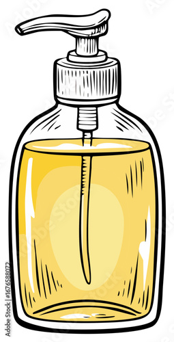 Cartoon style pump bottle with yellow liquid soap dispenser vector drawing
