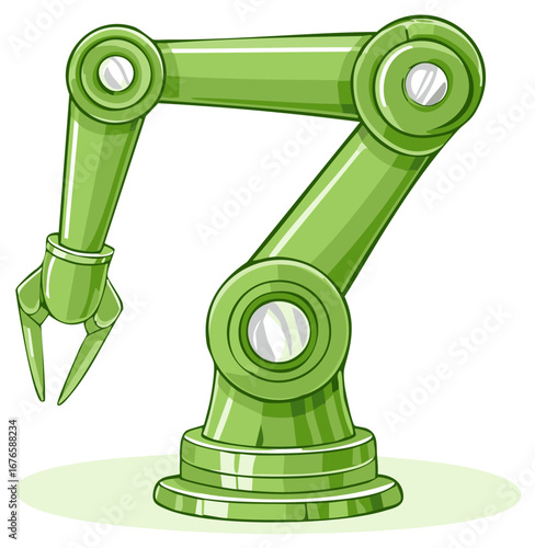 Cartoon illustration of a green industrial robotic arm with a claw gripper