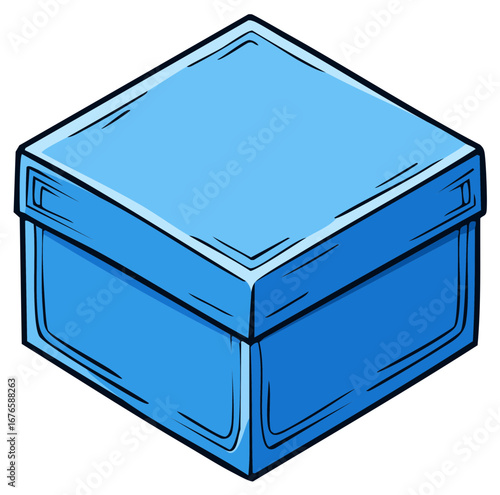 Illustration of an Isometric View of a Closed Rectangular Box in Blue Colors with Black Outlines