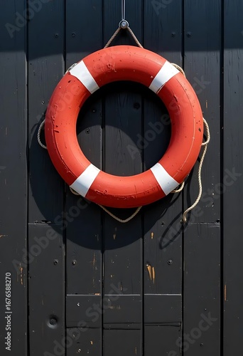 Life. Red lifebuoy hanging from a black wooden door on the Whitstable seafront.
