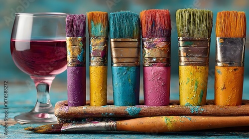 Art and Wine Night Banner | Paintbrushes, Wine Glasses & Colorful Splashes | Sip and Paint Party Poster, Creative Workshop Event Design