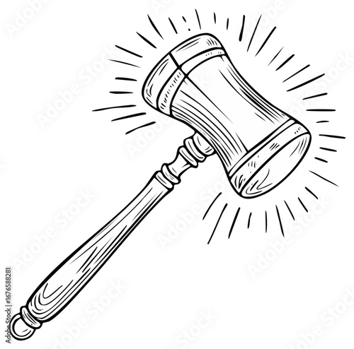 Illustrated image of a wooden gavel with light rays emanating from it for justice or law concepts.