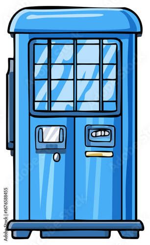 Bright blue cartoon style vending machine with large display window