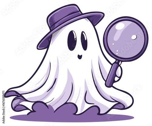 Cartoon Ghost Detective Wearing Hat Holding Magnifying Glass Searching and Investigating Illustration