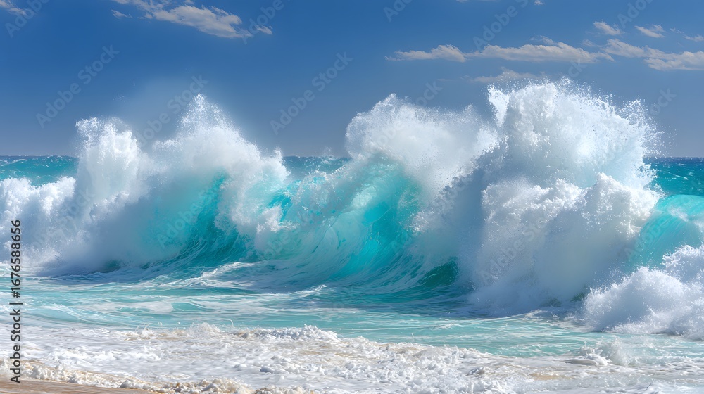 Obraz premium A powerful turquoise wave crashes dramatically on a sunny beach, showcasing the ocean's vibrant energy and foamy crest.