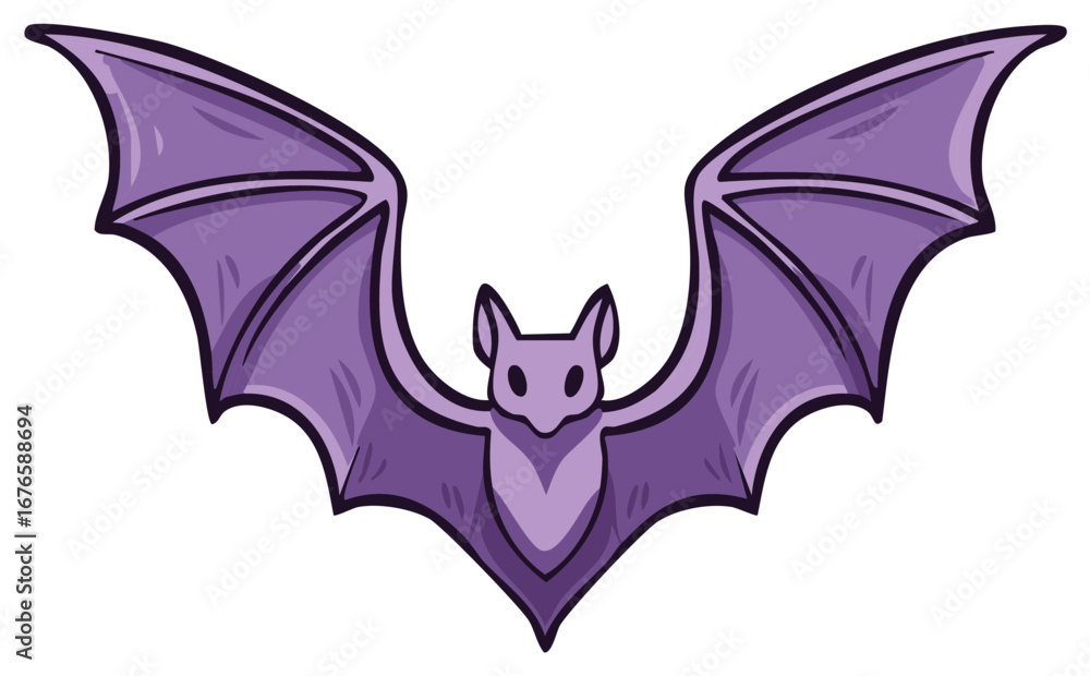 Obraz premium Cartoon illustration of a purple bat with detailed wings and an adorable face on a white background.