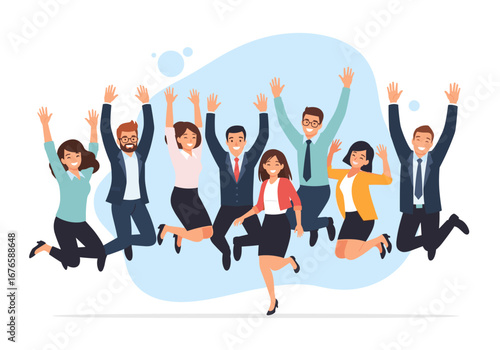 Joyful diverse group of professionals celebrating success together jumping high with excitement
