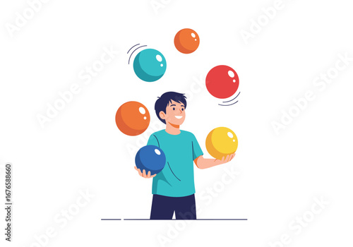 Skilled young person enthusiastically practicing the art of juggling colorful balls in a lively performance