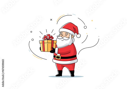 Charming santa claus character happily presents a festive gift box tied with a red ribbon and bow