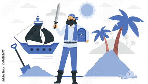 Pirate ship and crew vector illustration