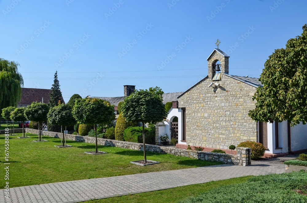 Fototapeta premium Poland, Opole Voivodeship, Strzelce Opolskie commune, Dziewkowice, August 13, 2025, church of Saints Joachim and Anna in Dziewkowice, Fatima Square