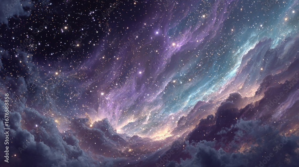 Fototapeta premium Celestial event in the cosmos outer space digital art nebulous environment wide-angle view dreamy concept