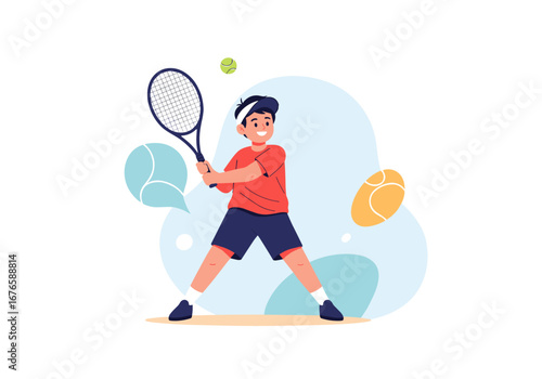 Young boy enjoying a game of tennis on a bright sunny day with a determined expression