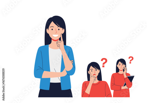 Empowered businesswoman contemplating important decisions with thoughtful expression and questioning colleagues in background