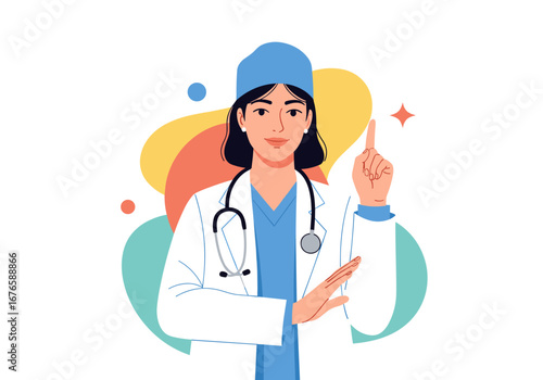 Professional female doctor teaching pointing finger up with stethoscope and lab coat in medical setting