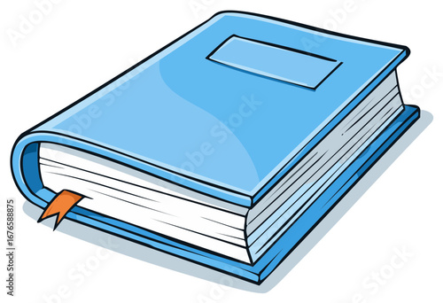 Closed blue hardcover book with bookmark cartoon vector illustration