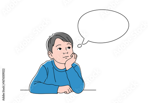 A young boy in a blue shirt is thoughtfully looking upwards with a blank speech bubble above his head representing his thoughts