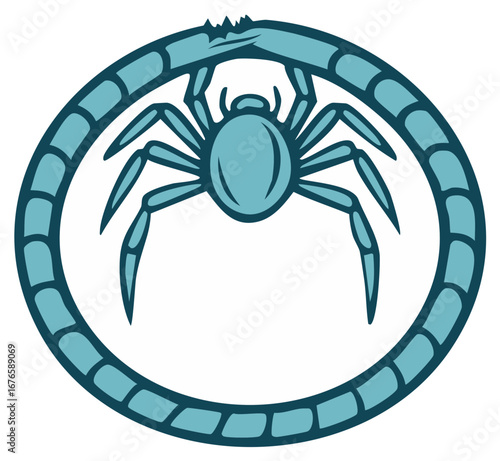 Stylized blue spider inside a circular segmented pattern creating an ouroboros symbol