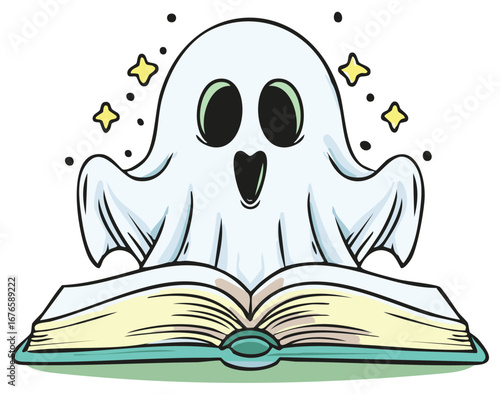 Whimsical ghost emerging from open book surrounded by magical sparkles