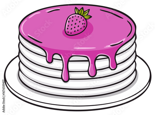 Delicious cartoon pancake stack with vibrant pink glaze and fresh strawberry topping on a plate
