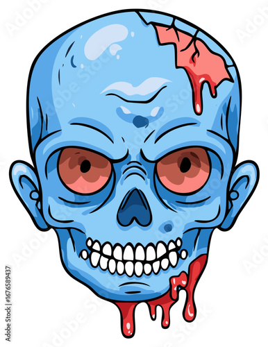 Cartoon zombie head with blue skin and visible brains oozing blood, isolated
