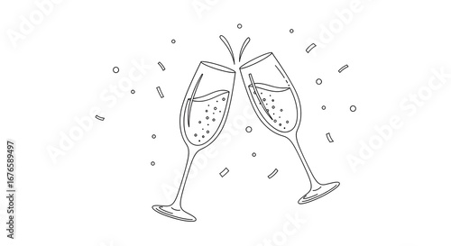 Two champagne glasses clinking in a toast, with celebratory confetti and bubbles, line art illustration.