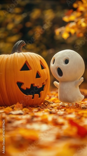 Cute ghost and jacko'lantern on autumn leaves celebrate halloween season fun day