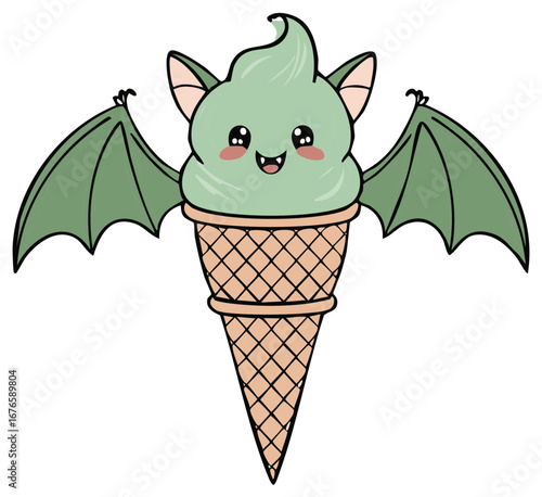 Cute cartoon ice cream bat with wings, vector illustration