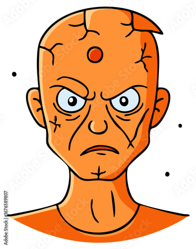 Menacing orange creature head cartoon illustration with angry expression and cracked skin