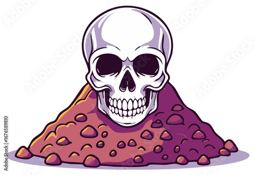A skull emerges from a pile of purple rocks and dirt a spooky illustration