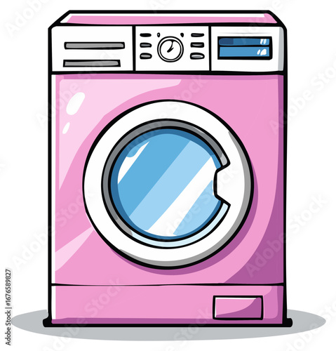 Cartoon-style illustration of a pink washing machine with a blue window on the door.