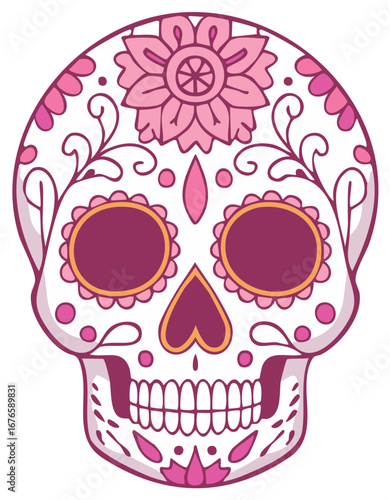 Vibrant pink floral decorated sugar skull illustration for Day of the Dead celebration