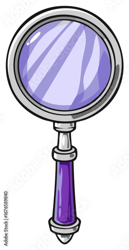 Cartoon style magnifying glass with silver frame and purple handle for search and discovery
